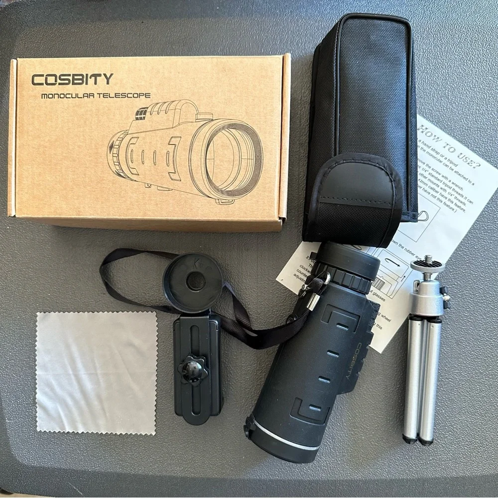 HD Portable Telescope w Tripod Smartphone Mount Case Cloth Compass Monocular
